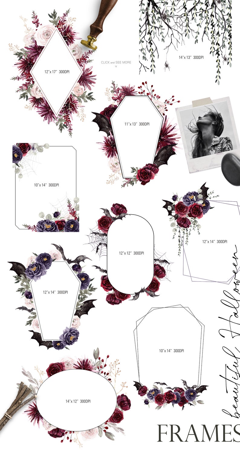 May include: Set of 10 digital frames featuring watercolor illustrations of bats, flowers, and spiderwebs in shades of burgundy, purple, and white. The frames are in various shapes and sizes, with dimensions listed in inches and DPI.
