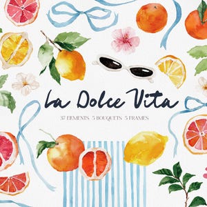 La Dolce Vita, Aquarell POSITANO Aquarell Zitrone, Positano Clipart, Blaues Band Clipart, Aquarell Zitrus, Orange Clipart, Zitrone PNG