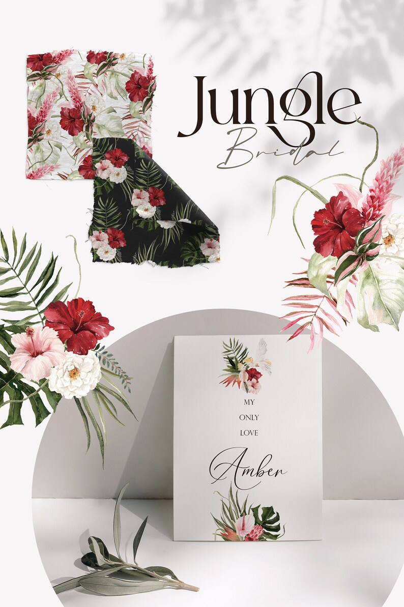 Jungle Bridal, Watercolor clipart, Watercolor flower, Summer clipart, Monstera Clipart, Summer Wedding, Tropical Clipart, Pampass Clipart image 6