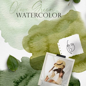 May include: A watercolor painting with green and olive green shades. The text "Olive Green WATERCOLOR" is written in black cursive font. A photo of a person wearing a straw hat and white pants is taped to the painting.