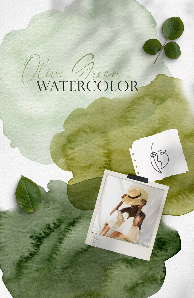 May include: A watercolor painting with green and olive green shades. The text "Olive Green WATERCOLOR" is written in black cursive font. A photo of a person wearing a straw hat and white pants is taped to the painting.
