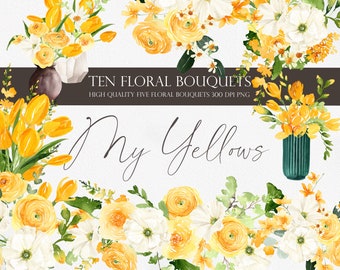 Flower clipart, Watercolor flower, Yellow bouquets, Yellow flower, Wedding invitation, Floral arrangements, Tulip clipart, Freesia clipart