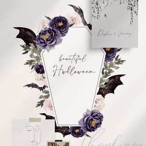 May include: A white coffin-shaped frame with a purple floral arrangement and bat wings. The text "beautiful Halloween" is written inside the frame. The text "Daphne & Jeremy" is written on a separate card. The text "thank you" is written below the frame.