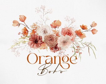 May include: Watercolor painting of a floral arrangement with orange, pink, and white flowers. The flowers are arranged in a loose, flowing style, and the background is a soft white. The text "Orange Boho" is written below the flowers.