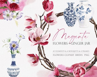 Magenta PNG, Watercolor Flower, Magnolia PNG, Watercolor clipart, Watercolor botanical, Ginger gar, Ginger gar clipart, Watercolor magnolia