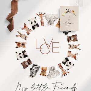 May include: A watercolour illustration of a circle of animals, such as a panda, giraffe, and elephant, surrounding the word "LOVE". The text "My little Friends" is below. A card with floral details and the text "My Only Love Amber" is also visible.