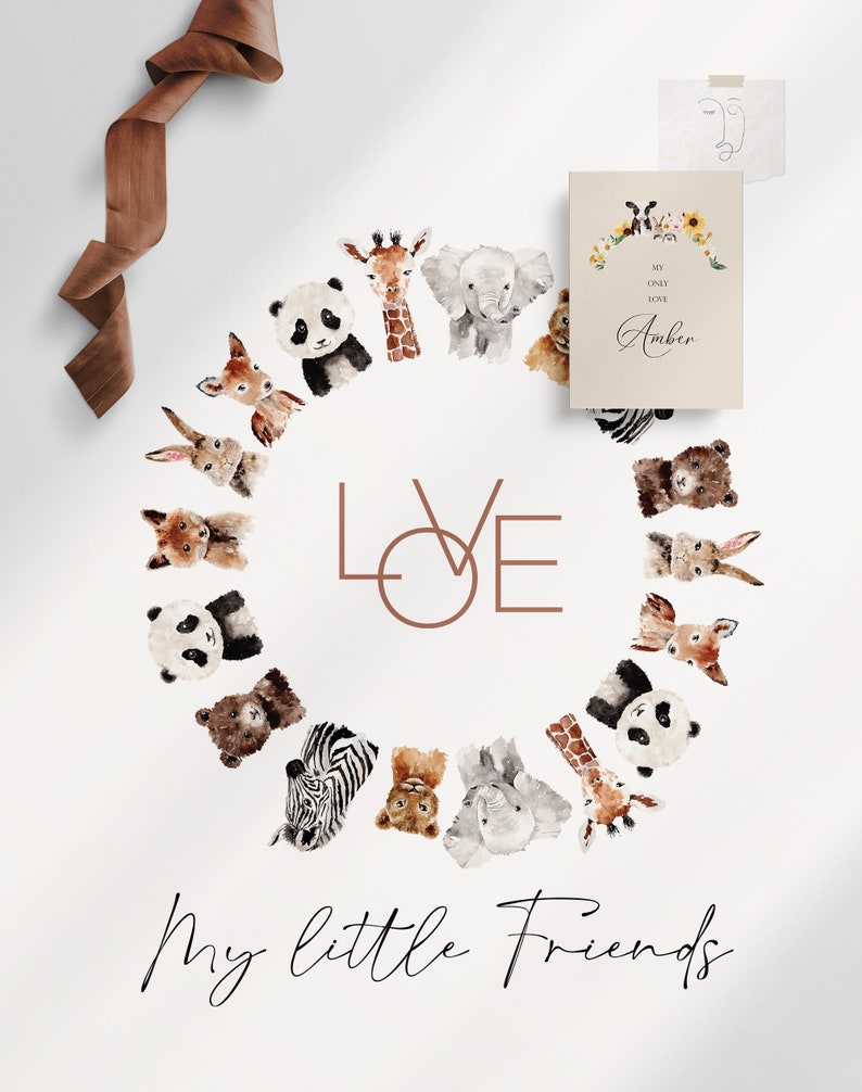 May include: A watercolour illustration of a circle of animals, such as a panda, giraffe, and elephant, surrounding the word "LOVE". The text "My little Friends" is below. A card with floral details and the text "My Only Love Amber" is also visible.