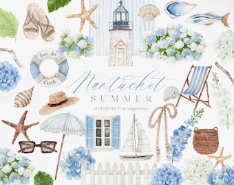 Nantucket Summer Watercolor Clipart, Coastal Hydrangea Beach PNG, East Coast Summer, Hydrangea Nautical, Summer Ocean, Elegant Summer Beach