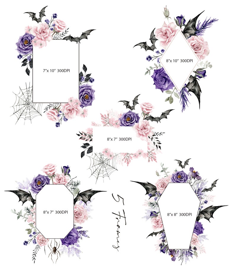 May include: Five printable Halloween frames featuring floral arrangements with bats, spiders, and cobwebs. The frames are in various sizes, including 7x10 inches, 8x7 inches, and 8x8 inches. The frames are perfect for adding a touch of spooky elegance to your Halloween decor.