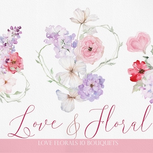 AMOR Y FLORAL, Flores de acuarela, Flores de AMOR de acuarela, Clipart del día de San Valentín, Flor rosa, Clipart lila, Día de San Valentín rosa