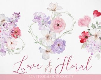 May include: Watercolor illustrations of floral bouquets with pink, purple, and red flowers. The bouquets are arranged in a heart shape and the text "Love & Floral" is written below the bouquets.
