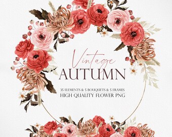 Vintage Autumn Flower, Watercolor Flower PNG, Fall clipart, Fall floral clipart, Boho flower clipart, Vintage flower, Watercolor clipart