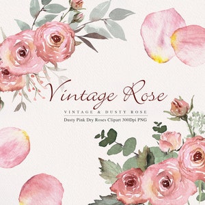 Clipart aquarelle, Bouquet de roses, Arrangements floraux, Clipart rose, Rose poussiéreuse, Clipart de mariage, Aquarelle florale, Fleur vintage