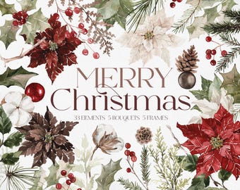 Merry Christmas, Watercolor Christmas Clipart, Watercolor Poinsettia, Poinsettia Clipart, Boho Christmas PNG, Boho Poinsettia PNG
