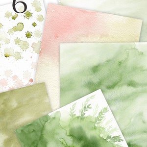 May include: Six watercolor backgrounds in shades of green, pink, and white. The backgrounds are perfect for creating invitations, cards, and other paper crafts.