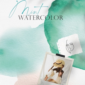 May include: A watercolor background with a light green and pink color scheme. The text "Mint Watercolor" is written in black. A Polaroid photo of a person wearing a straw hat and white pants is in the bottom right corner.
