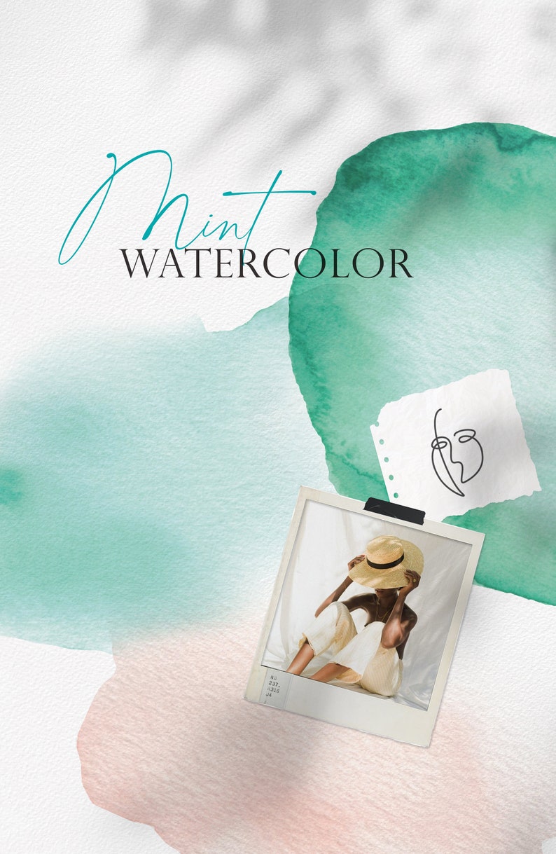 May include: A watercolor background with a light green and pink color scheme. The text "Mint Watercolor" is written in black. A Polaroid photo of a person wearing a straw hat and white pants is in the bottom right corner.
