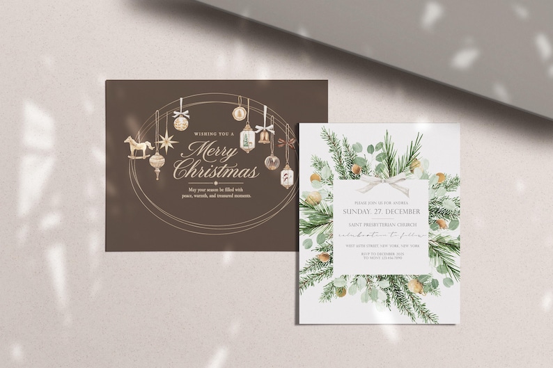 May include: A brown rectangular Christmas card featuring hanging ornaments and the text Merry Christmas, alongside a white rectangular invitation card decorated with a watercolor wreath of pine branches and eucalyptus leaves with a central white bow.