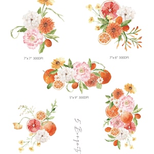 May include: Five watercolor illustrations of floral bouquets with oranges, grapefruits, and other citrus fruits. The bouquets are in shades of pink, orange, yellow, and green. The text "5 Bouquets" is written in cursive on the image.