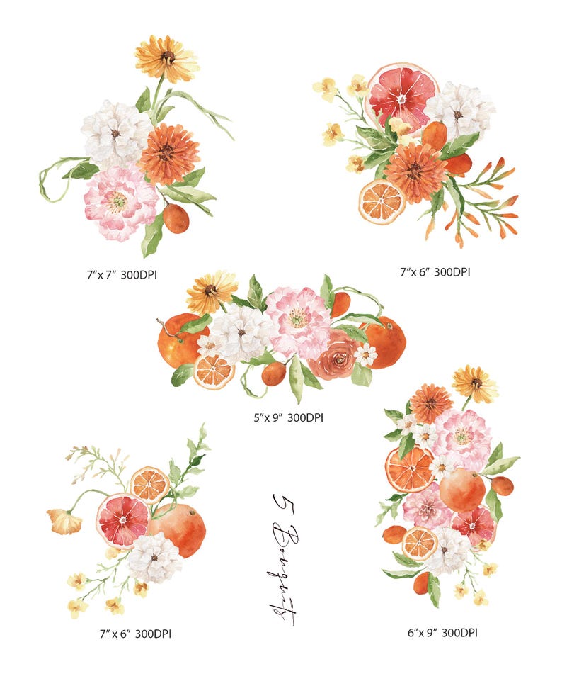 May include: Five watercolor illustrations of floral bouquets with oranges, grapefruits, and other citrus fruits. The bouquets are in shades of pink, orange, yellow, and green. The text "5 Bouquets" is written in cursive on the image.