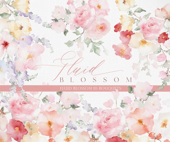 Fluid Blossom, Watercolor Flowers, Wedding Invitation Clipart, Wedding Flower, Spring Flower PNG, Watercolor Flower PNG, Lovely Flowers