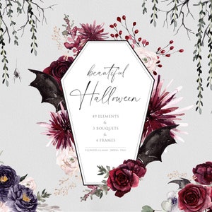 Hermoso Halloween, flores de acuarela, arreglos florales, imágenes prediseñadas de Halloween, marco de acuarela, flores de otoño, imágenes prediseñadas grotescas