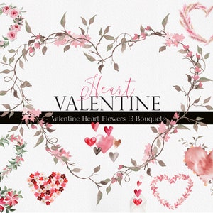 Clipart walentynkowy, akwarelowe walentynki, serce walentynkowe, akwarelowe serce, walentynkowy wieniec, akwarelowe botaniczne, clipart walentynkowy