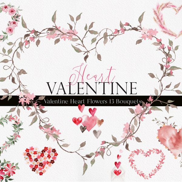 Valentine day Clipart, Watercolor Valentine, Valentine Heart, Watercolor Heart, Valentine Wreath, Watercolor Botanical, Valentine clipart