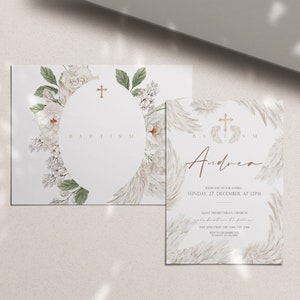 May include: Two baptism invitations with white floral and angel wing designs. The first invitation has a circle with the word "Baptism" and a cross. The second invitation has the name "Andrea" and the text "Sunday, 27 December at 12PM".