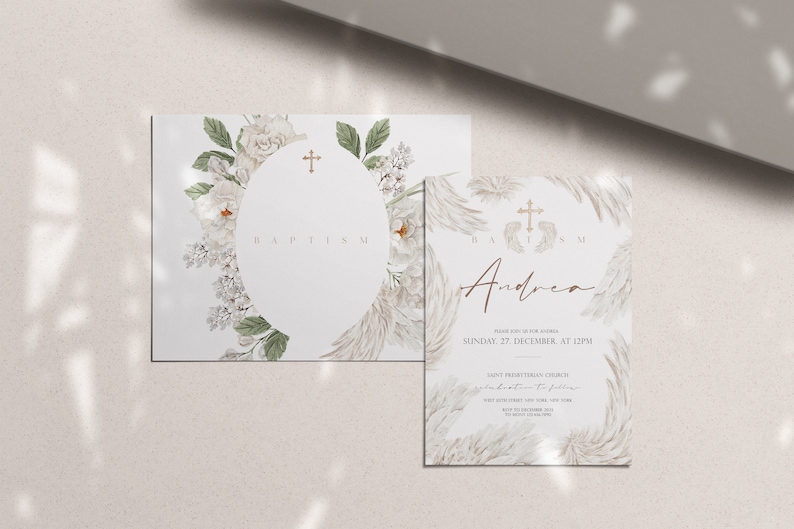 May include: Two baptism invitations with white floral and angel wing designs. The first invitation has a circle with the word "Baptism" and a cross. The second invitation has the name "Andrea" and the text "Sunday, 27 December at 12PM".