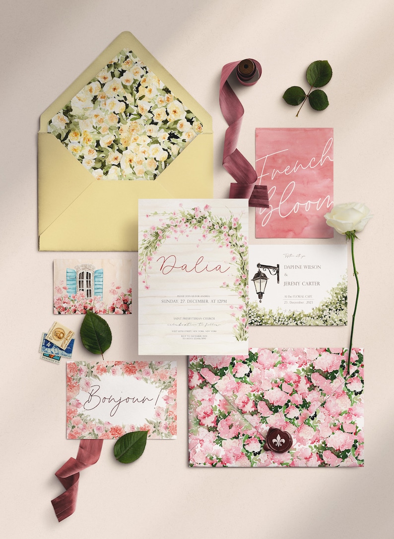 May include: Wedding invitation suite with a floral theme. The invitation features a watercolor illustration of pink flowers and greenery, with the text "Dalia" in a pink script font. The RSVP card features a watercolor illustration of a street lamp and greenery, with the text "Daphne Wilson & Jeremy Carter" in a black script font. The envelope features a watercolor illustration of pink flowers and greenery.