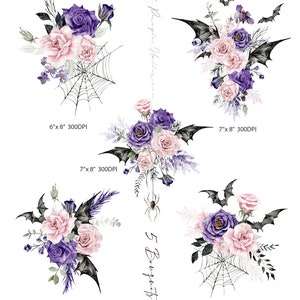 May include: Five watercolor bouquets with pink and purple roses, bats, and spiderwebs. The bouquets are arranged in a vertical row with the text "Pink Purple Halloween" and "5 Bouquets" written on the image. Each bouquet is 7 inches by 8 inches and 300 DPI.