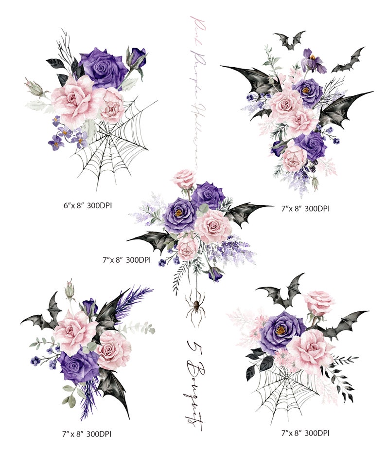 May include: Five watercolor bouquets with pink and purple roses, bats, and spiderwebs. The bouquets are arranged in a vertical row with the text "Pink Purple Halloween" and "5 Bouquets" written on the image. Each bouquet is 7 inches by 8 inches and 300 DPI.
