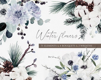 Op de afbeelding: Waterverf illustraties van winterbloemen in tinten blauw, wit en groen. De illustraties omvatten dennentakken, bessen en bloemboeketten. De tekst "Winter flowers" en "71 elementen & 4 boeketten & 3 kransen" is opgenomen in de afbeelding.