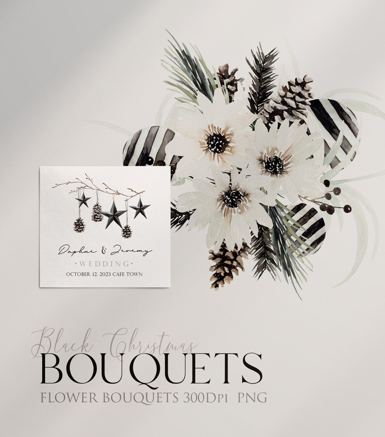 Puede incluir: Un ramo de flores de acuarela en blanco y negro con pi&ntilde;as y vegetaci&oacute;n. El ramo est&aacute; dispuesto en forma circular y tiene un ambiente r&uacute;stico e invernal. El texto "Black Christmas BOUQUETS" y "FLOWER BOUQUETS 300DPI PNG" est&aacute; debajo del ramo.
