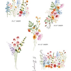 May include: Five watercolor floral bouquets in various sizes and arrangements. The bouquets feature pink, orange, yellow, blue, and white flowers with green leaves. The bouquets are isolated on a white background.