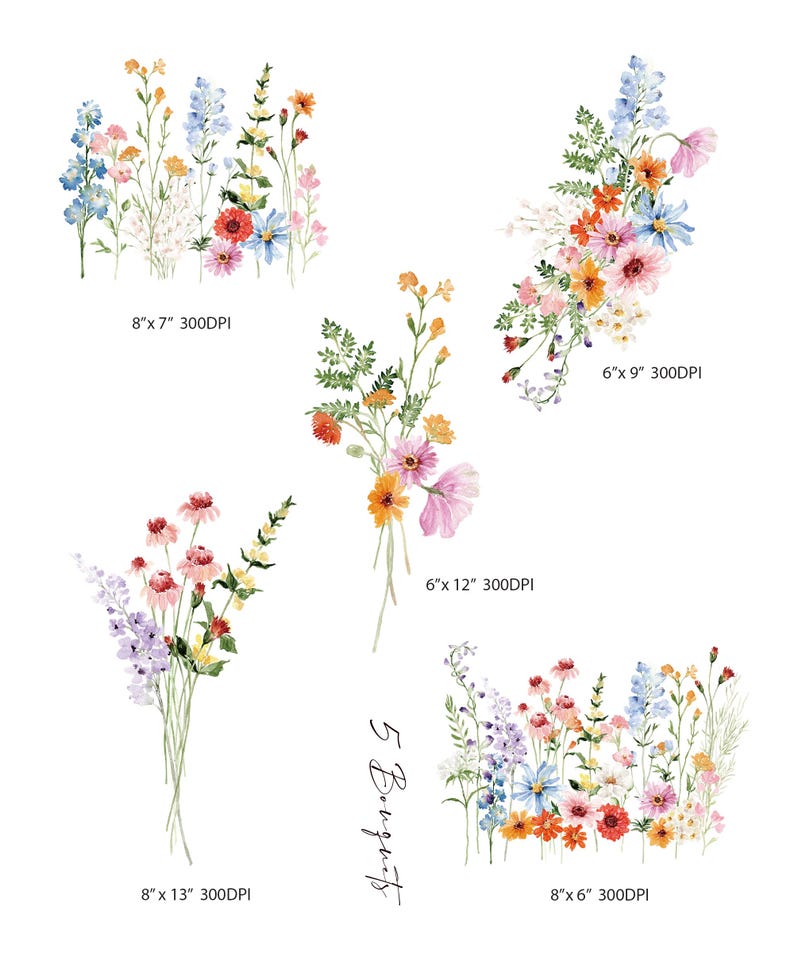 May include: Five watercolor floral bouquets in various sizes and arrangements. The bouquets feature pink, orange, yellow, blue, and white flowers with green leaves. The bouquets are isolated on a white background.