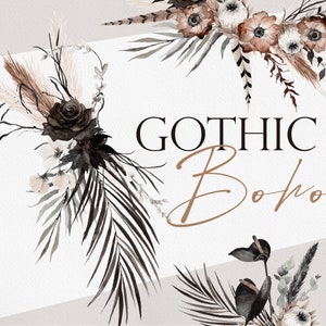 Flor Boho Gótica, Flor Boho Acuarela, Clipart Boho Negro, Flor Boho PNG, Pampa Negra, Flores Boho, Flores Góticas