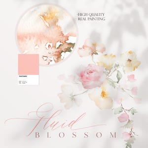 May include: Watercolor painting of delicate pink and yellow flowers with green leaves. The painting is titled "Fluid Blossom" and has a color swatch of a light pink color. The text "High Quality Real Painting" is also included.