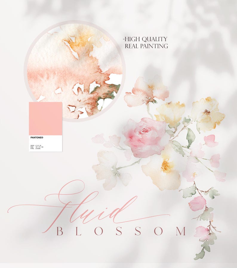 May include: Watercolor painting of delicate pink and yellow flowers with green leaves. The painting is titled "Fluid Blossom" and has a color swatch of a light pink color. The text "High Quality Real Painting" is also included.