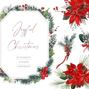Clipart de guirlanda de Natal, flor em aquarela PNG, clipart de inverno em aquarela, clipart de cartão de férias, poinsétia em aquarela, clipart de Natal