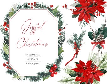 Christmas Wreath Clipart, Watercolor flower PNG, Watercolor Winter Clipart, Holiday Card Clipart, Watercolor Poinsettia, Christmas clipart