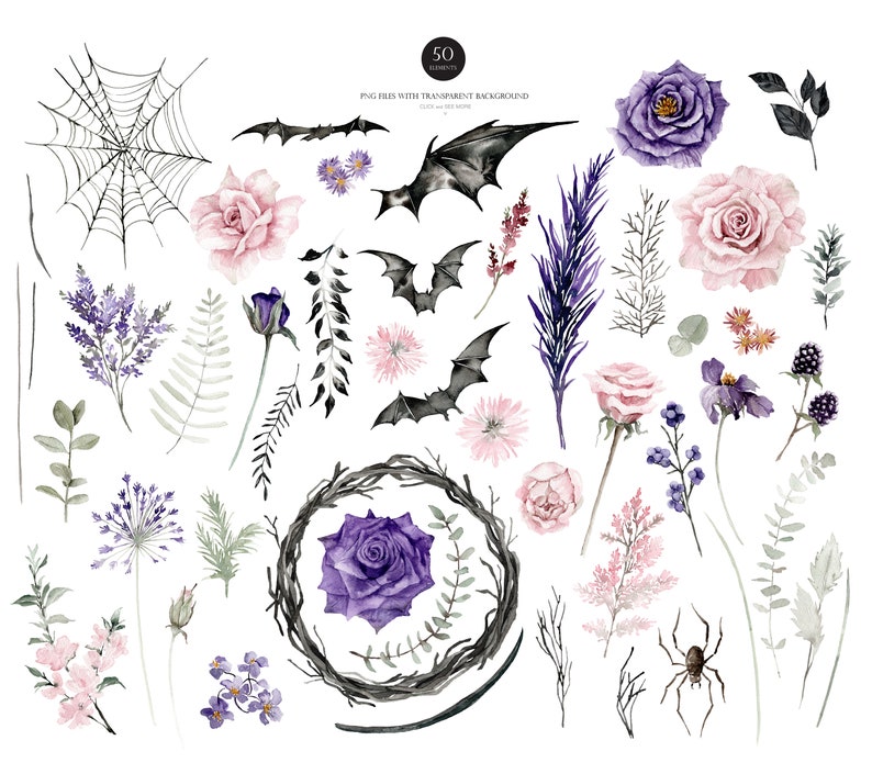 May include: A set of 50 watercolor illustrations featuring a variety of spooky and whimsical elements, including bats, spiders, roses, and floral arrangements. The illustrations are perfect for adding a touch of Halloween magic to your projects.