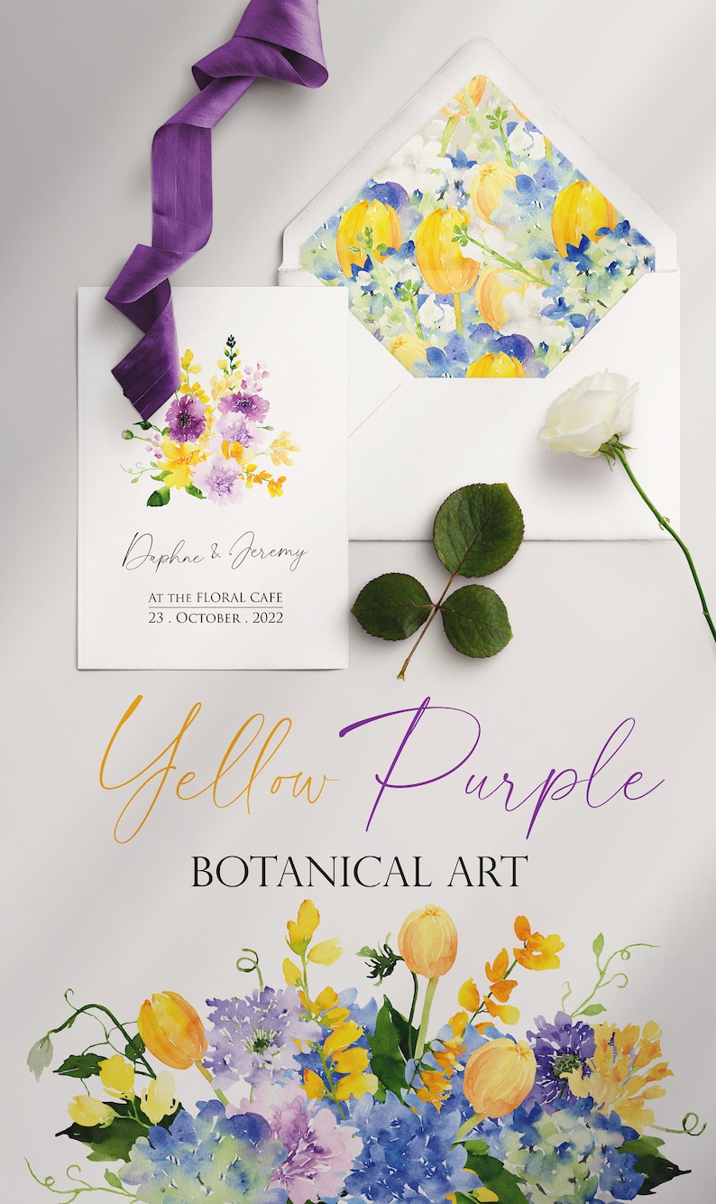 May include: A watercolor illustration of a bouquet of yellow and purple flowers. The flowers are arranged in a vase and are surrounded by green leaves. The text "Yellow Purple Botanical Art" is written below the bouquet.