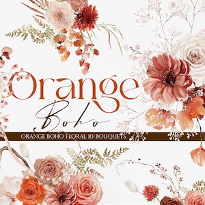 Naranja Boho Floral, Acuarela Boho Flor, Boho Flor PNG, Acuarela Flor, Boda Boho, Acuarela Flor Imágenes Prediseñadas, Boho Clipart