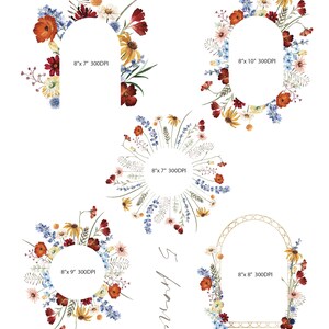 May include: Five floral frame designs with watercolor flowers in shades of red, orange, yellow, and blue. Each frame has a white center with text indicating dimensions and DPI. The frames include arch, oval, and circular shapes.