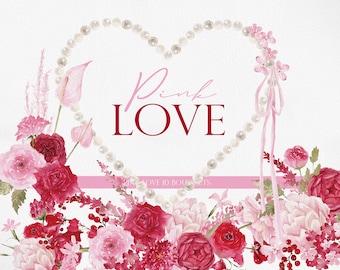 Pink LOVE, Watercolor Pink Flower, Pink Flower PNG, Valentine Clipart, Watercolor Clipart, Flower Clipart, Valentine Day, Flower PNG
