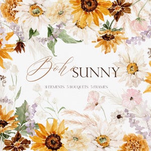 BOHO ENSOLARADO, Clipart de Girassol em Aquarela, Flor Boho em Aquarela, Clipart de Girassol Boho, Flor Silvestre Boho em Aquarela, Girassol Selvagem Boho