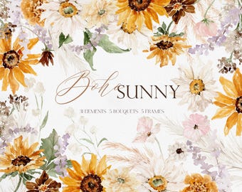 BOHO SUNNY, Watercolor Sunflower Clipart, Watercolor Boho Flower, Boho Sunflower Clipart, Watercolor Boho Wildflower, Wild Boho SunFlower