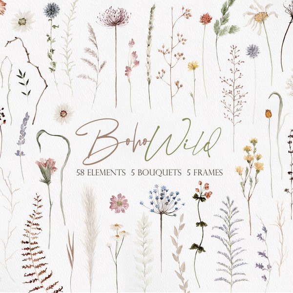 Boho Wildblumen, Aquarell Wildblume, Wildblume PNG, Aquarell Blume PNG, Wildblumenstrauße, Boho Blume, Blumen Clipart